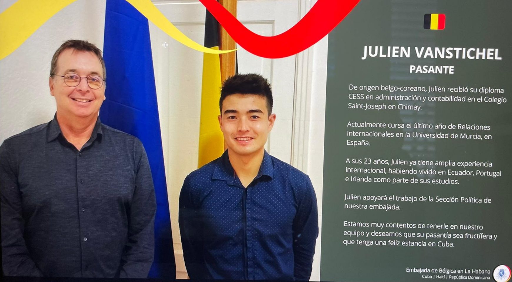 El alumno Julien Vanstichel primer internacionalista de la Región que se incorpora a la Embajada de Bélgica en Cuba